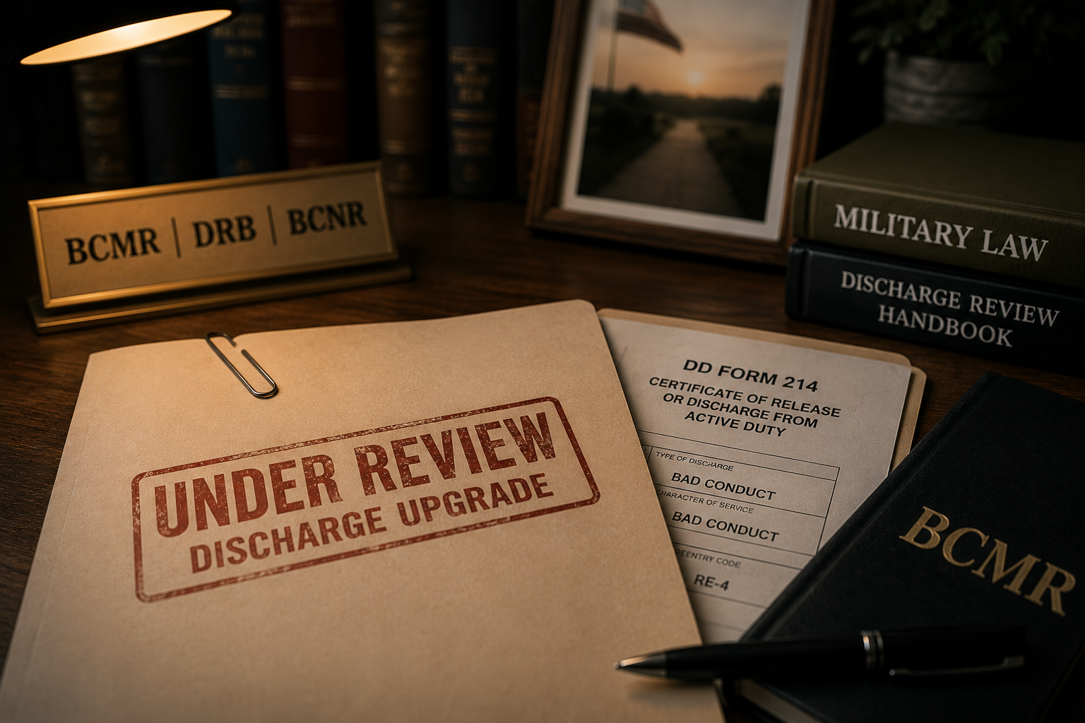 Military law desk with “Under Review” discharge upgrade stamp, book, files, and framed photo