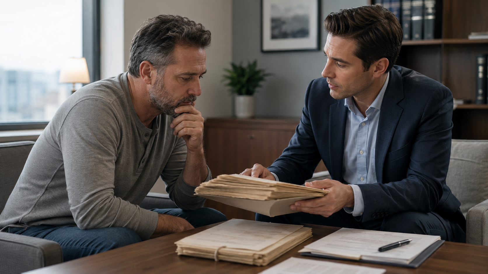 Two men review documents at a table in a bright office, one holding a folder and the other leaning in thoughtfully.