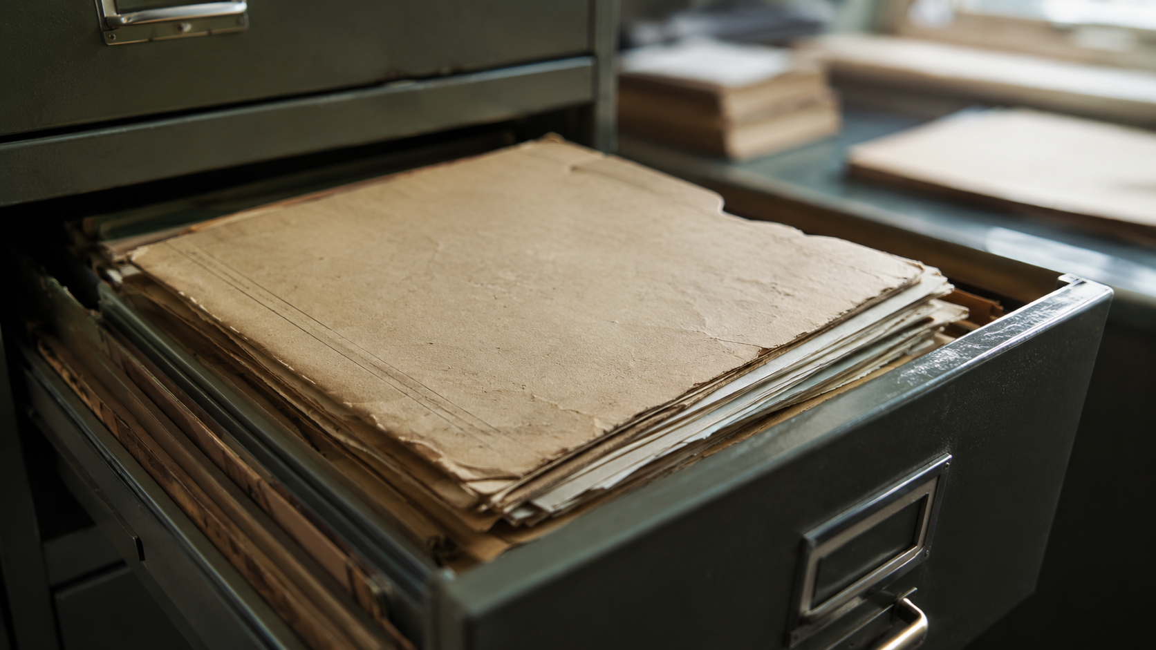 A file drawer filled with stacked, worn papers and folders in a cabinet.