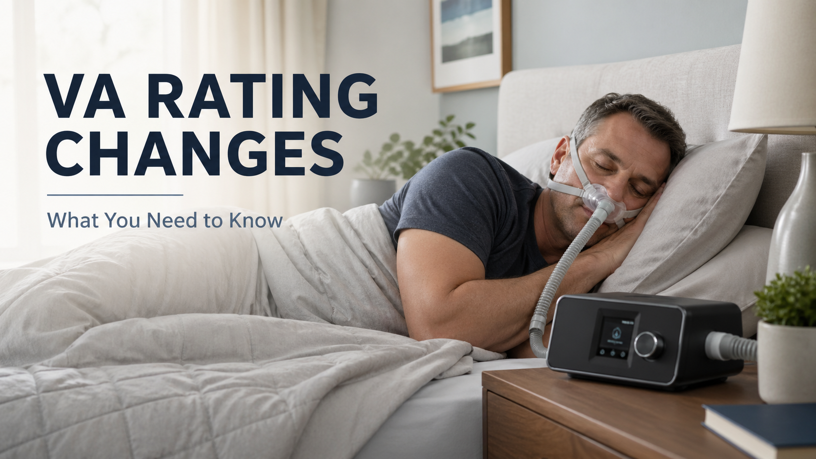 Man in bed using a CPAP machine, with text reading “VA Rating Changes” and “What You Need to Know”