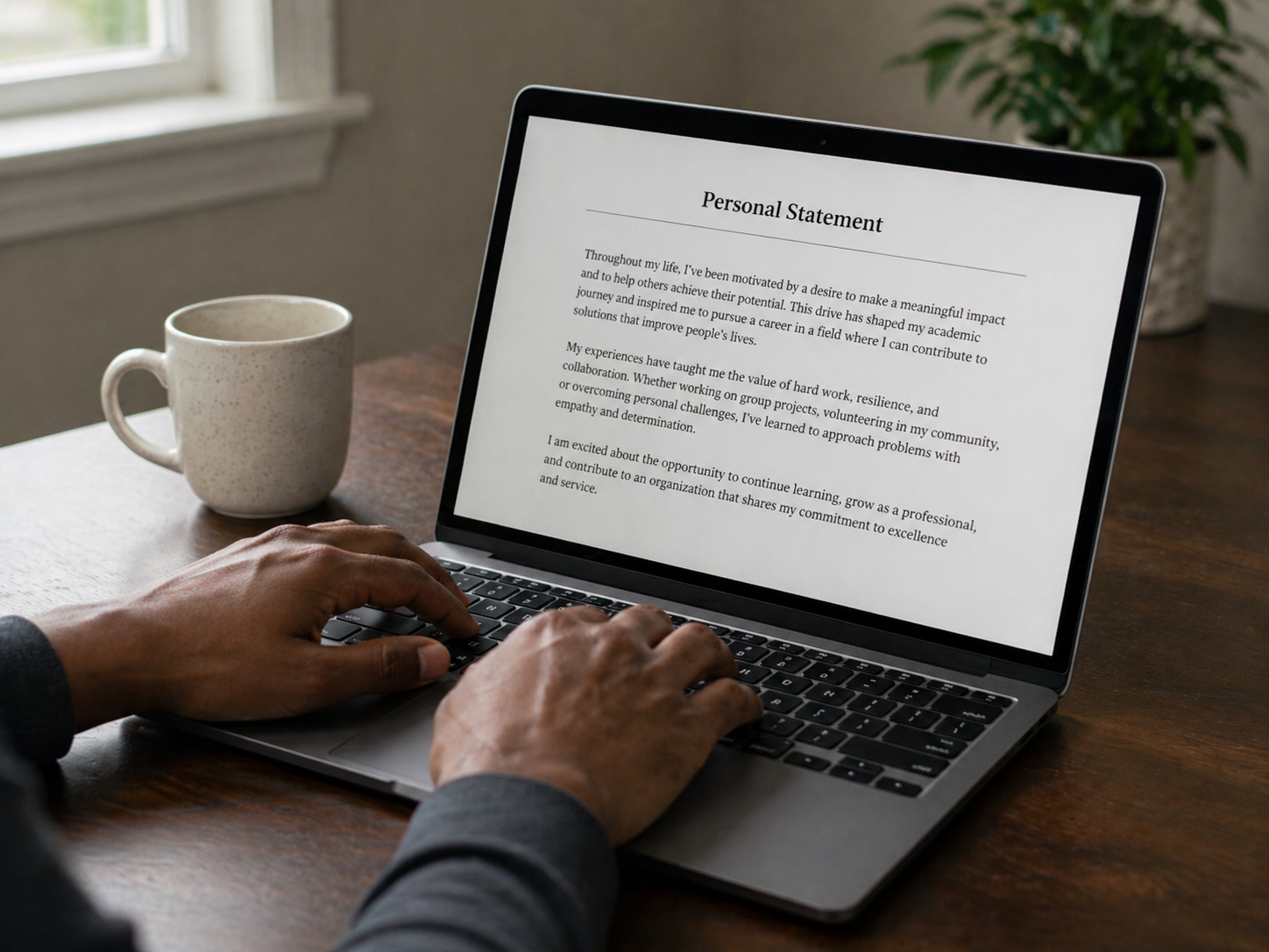 Hands typing on a laptop beside a coffee mug on a wooden desk in a bright home office