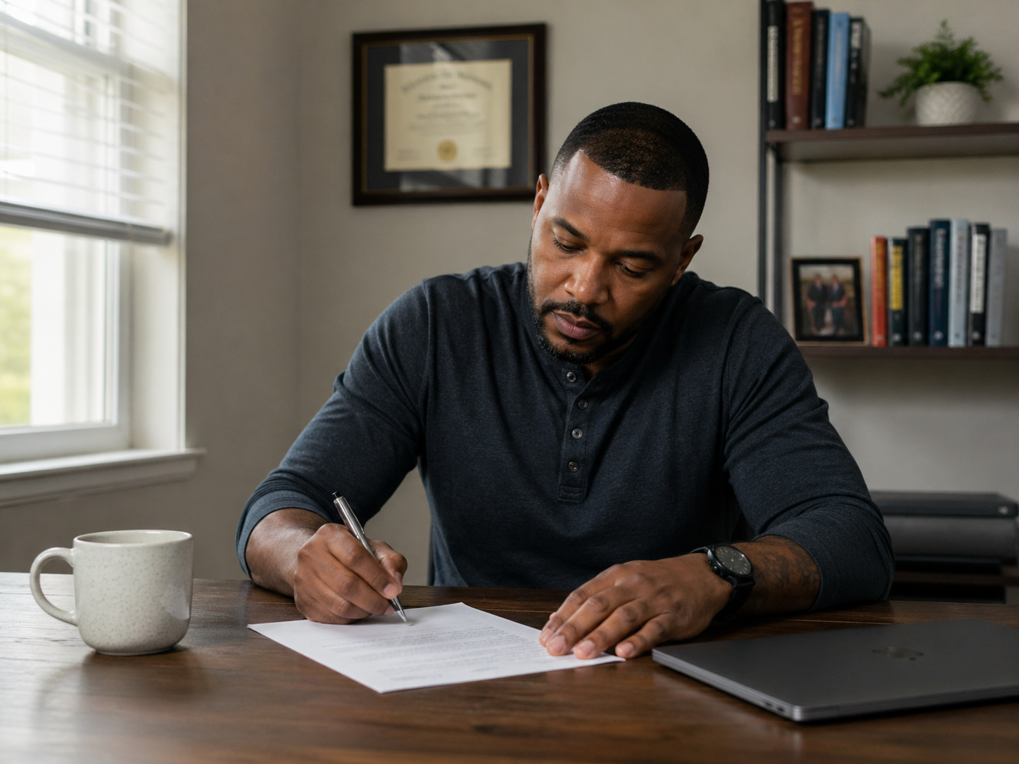 Person writing at a desk in a home office beside a mug, laptop, bookshelf, and framed certificate.