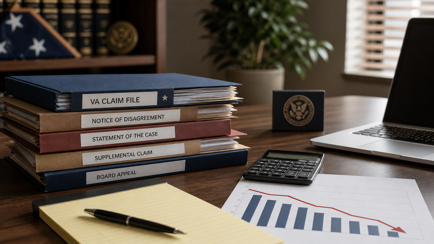 Desk with stacked folders, a laptop, calculator, pen, and financial charts in an office setting