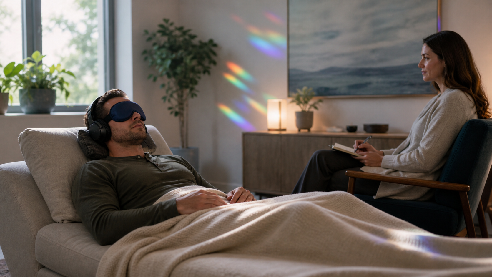 Person reclining in a therapy room while another sits nearby taking notes by a lit lamp.