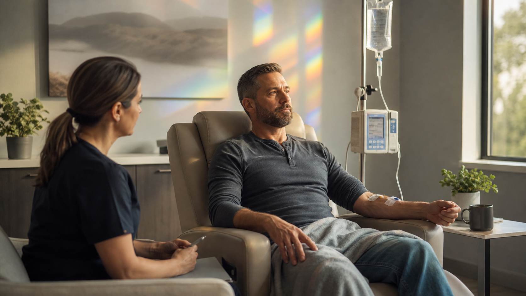 Patient reclined in a clinic chair with IV infusion, speaking with a seated caregiver nearby.