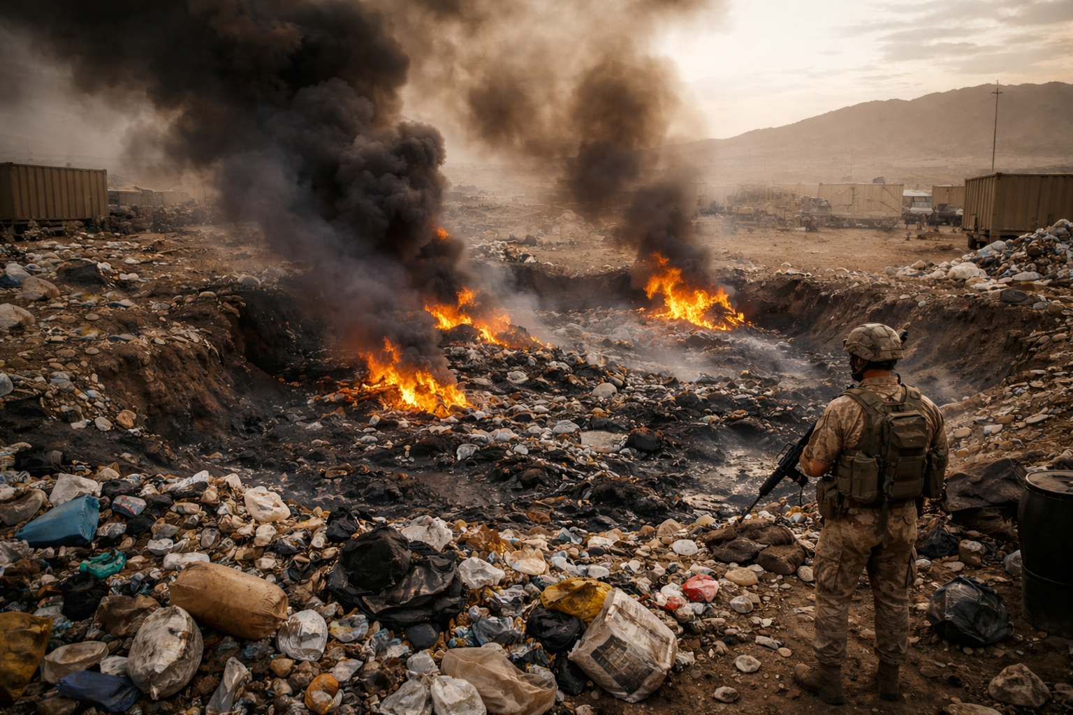 Person in military gear overlooking burning rubble and thick smoke in a war-torn landfill