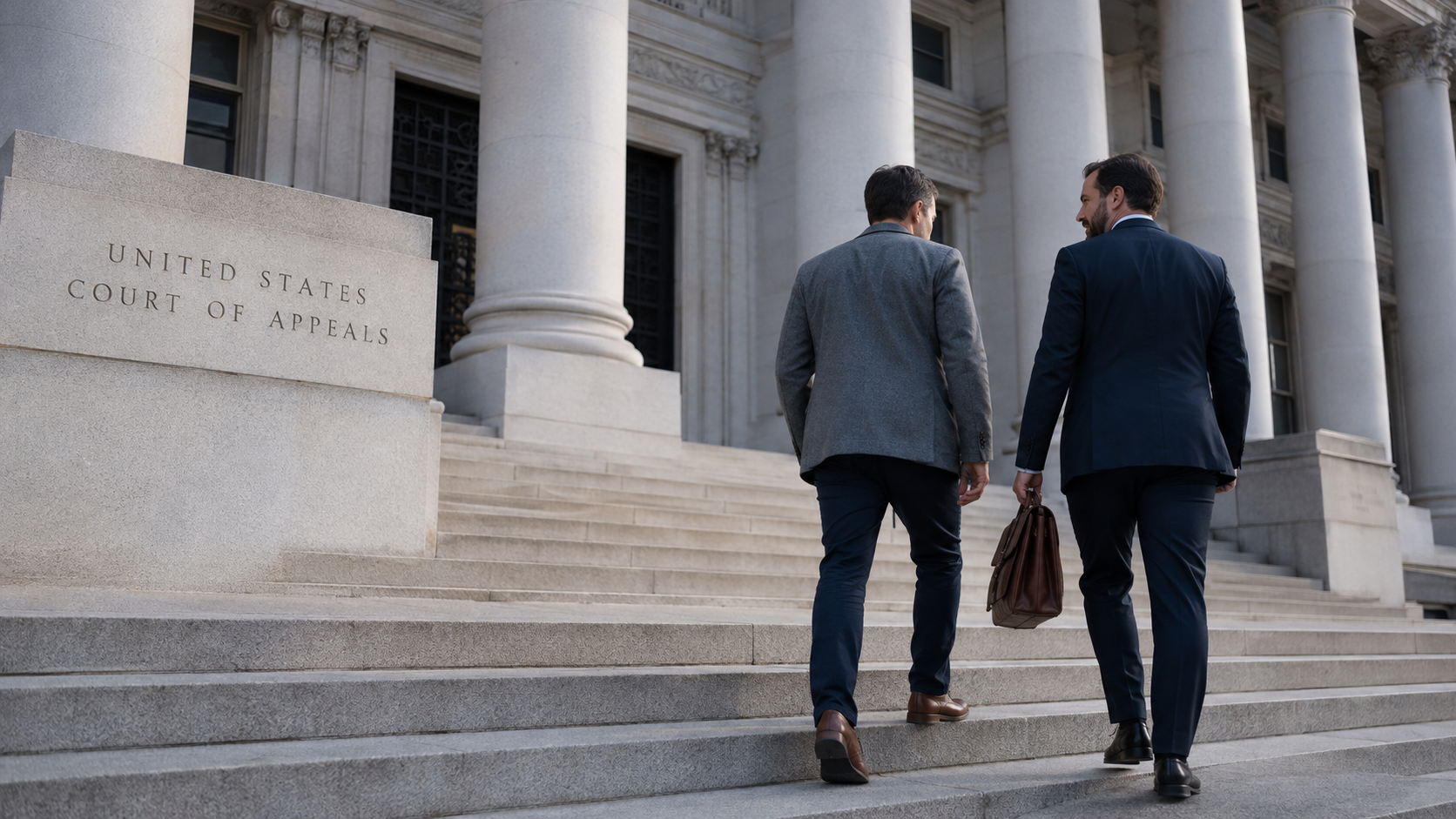 Two people in suits walk up the steps of a grand stone courthouse building.