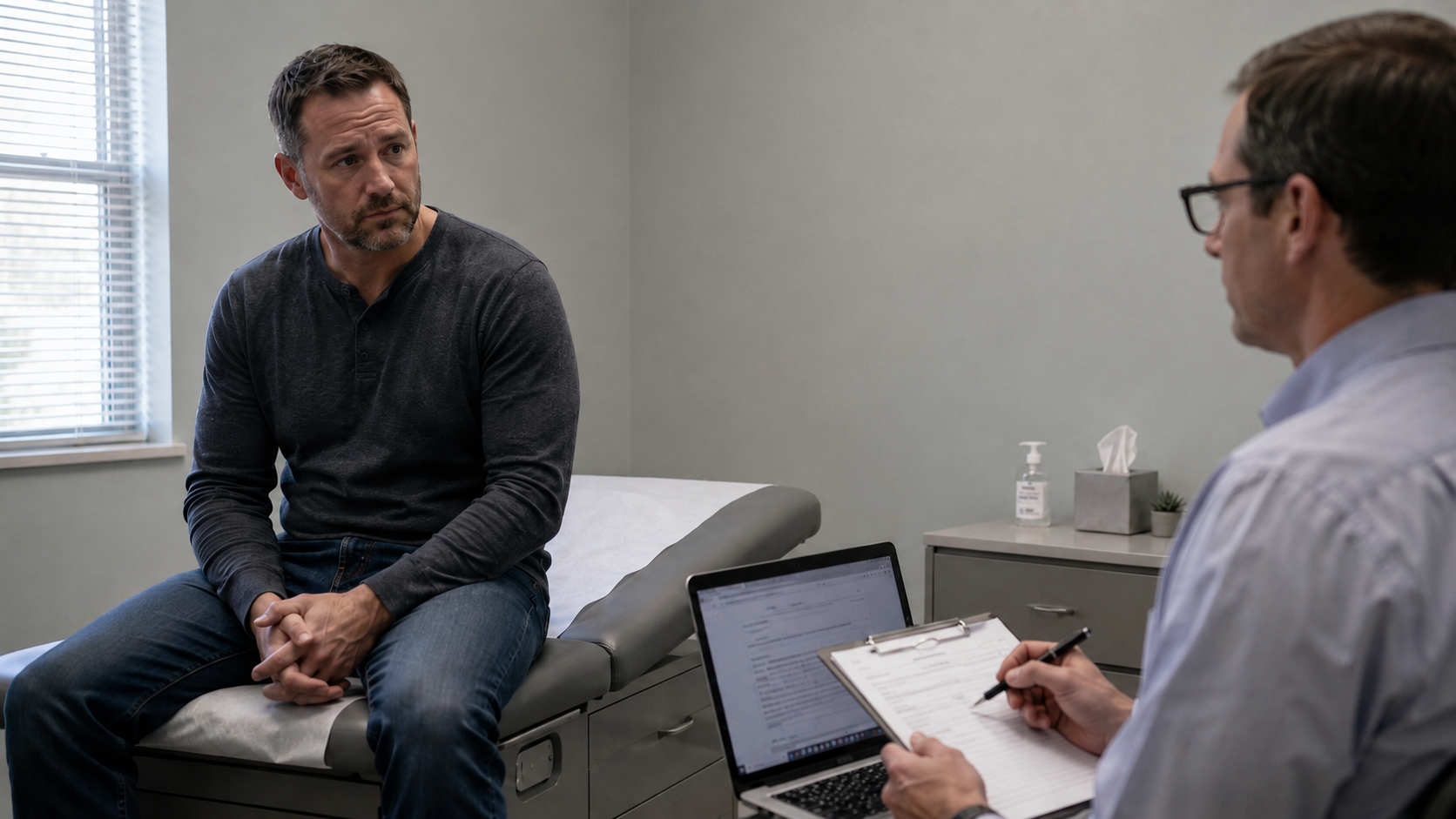 Man talking with a clinician in a medical office, seated across from a desk with clipboard and laptop.