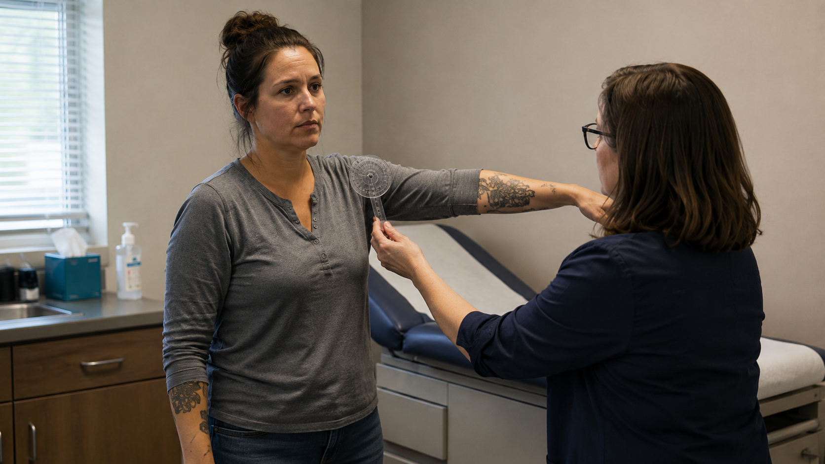 Doctor measures a woman’s arm with a tape measure in a clinical exam room.