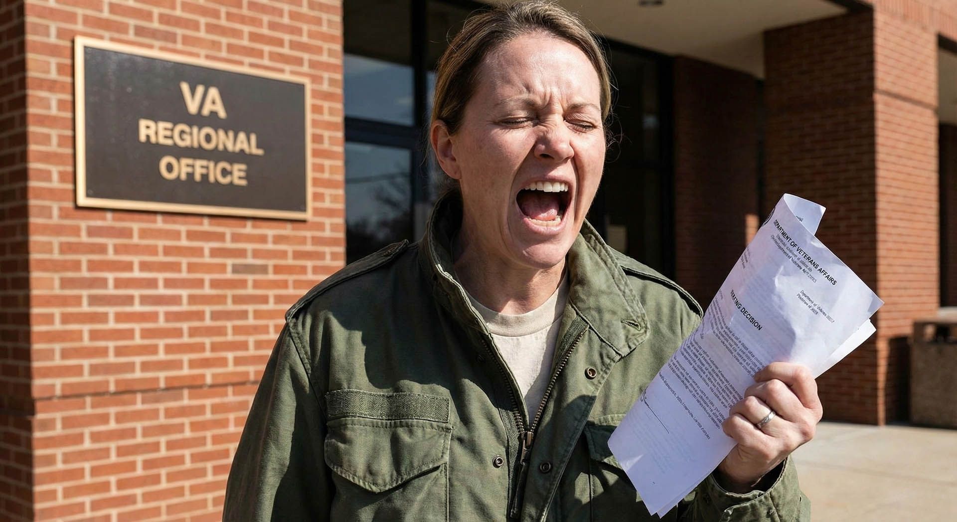 Person outside VA Regional Office, holding papers and shouting with eyes closed.