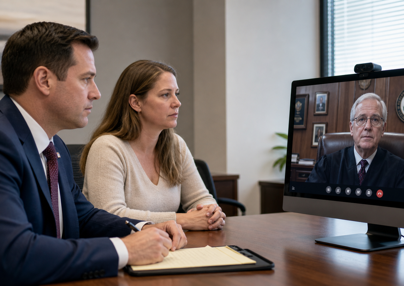 Two people in a conference room video chatting with a man on a laptop screen