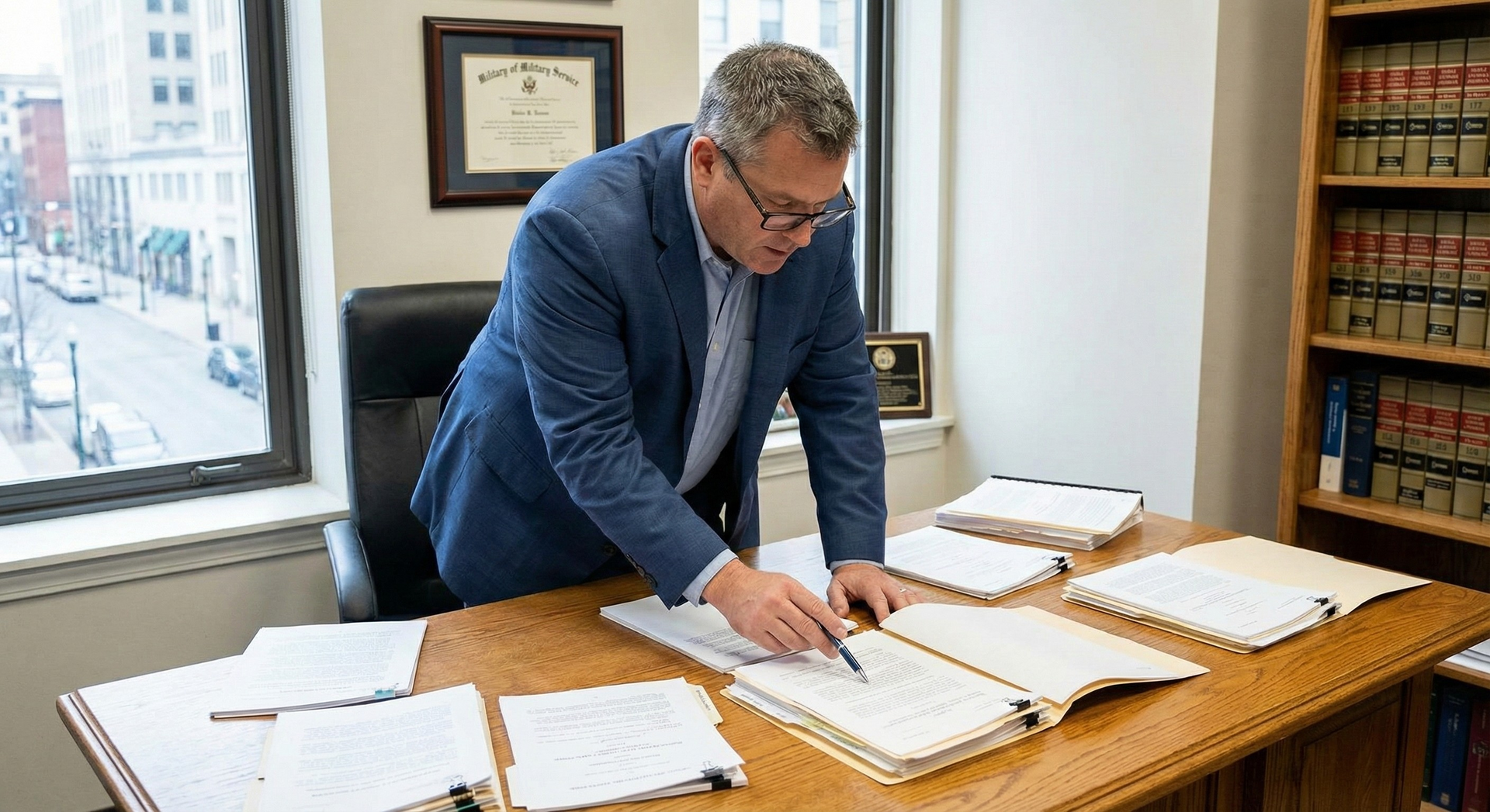 Man in blue blazer leaning over desk, reviewing papers in an office with bookshelves and framed certificates.