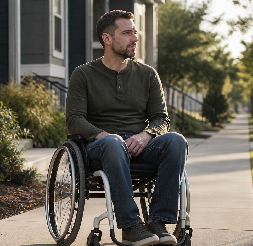 Man in a wheelchair sitting on a sidewalk near apartment buildings, looking to the side.