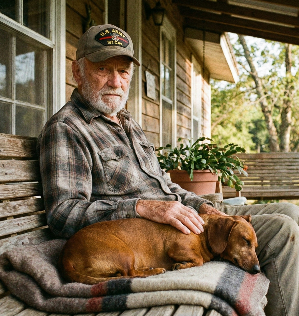 Older man in a cap sits on a porch petting a sleeping brown dog on a blanket