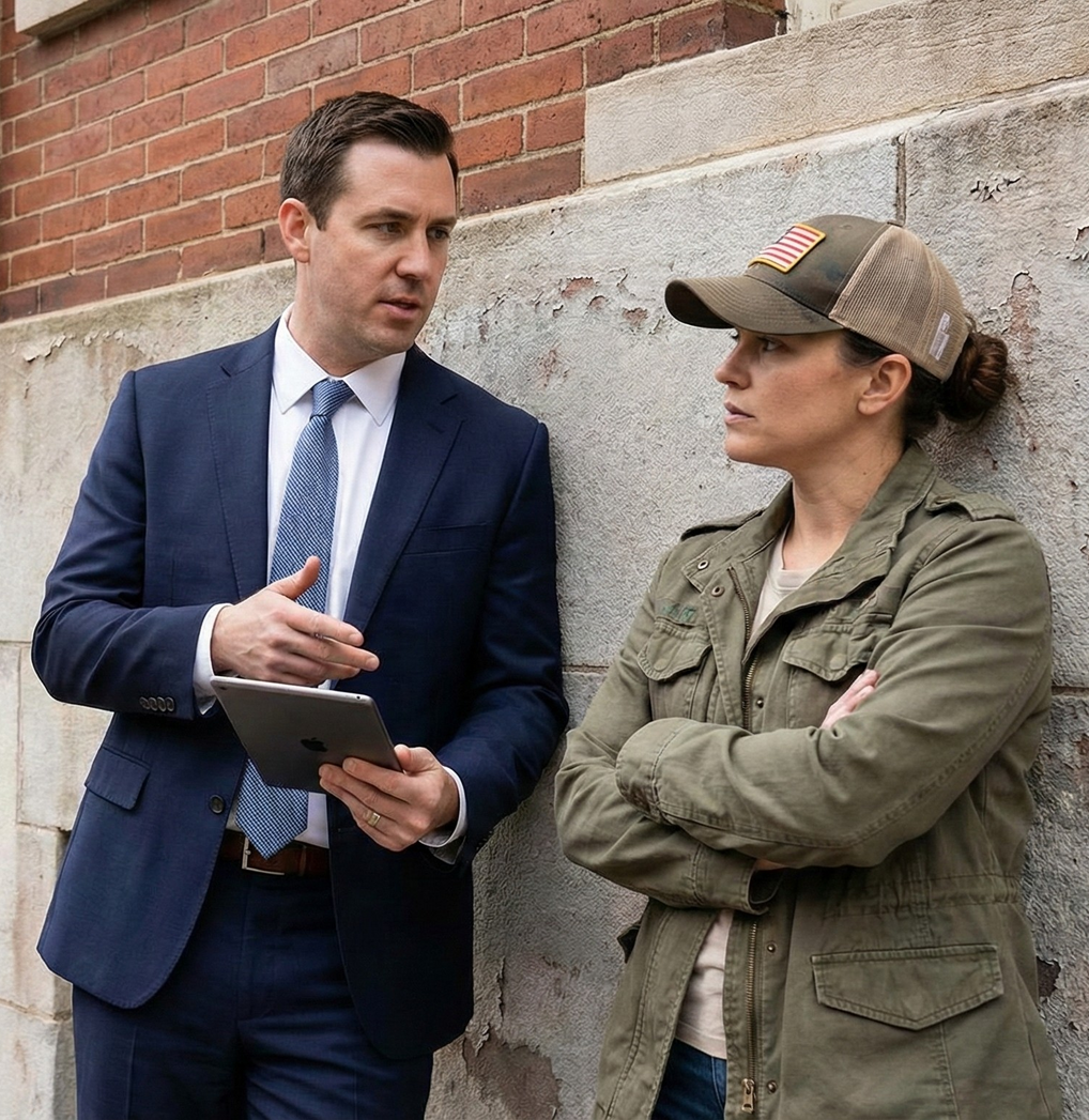 Two people talking beside a brick wall, one holding a tablet and wearing a suit, the other in a cap and jacket.