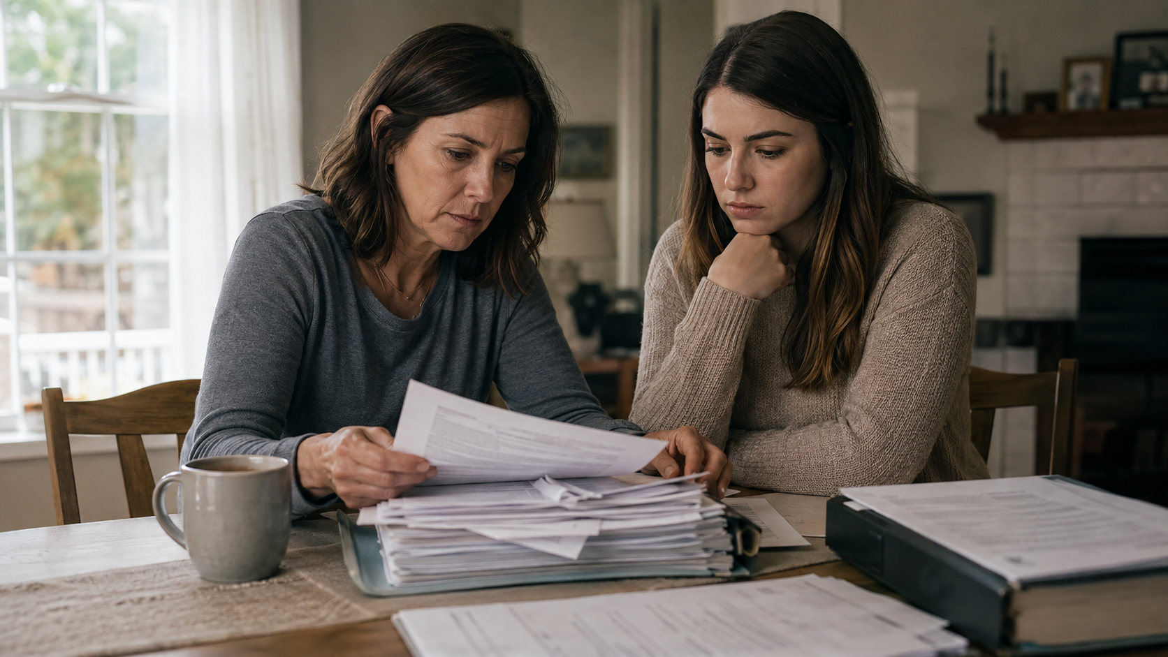 Two people reviewing paperwork at a kitchen table with a coffee mug and stacked documents