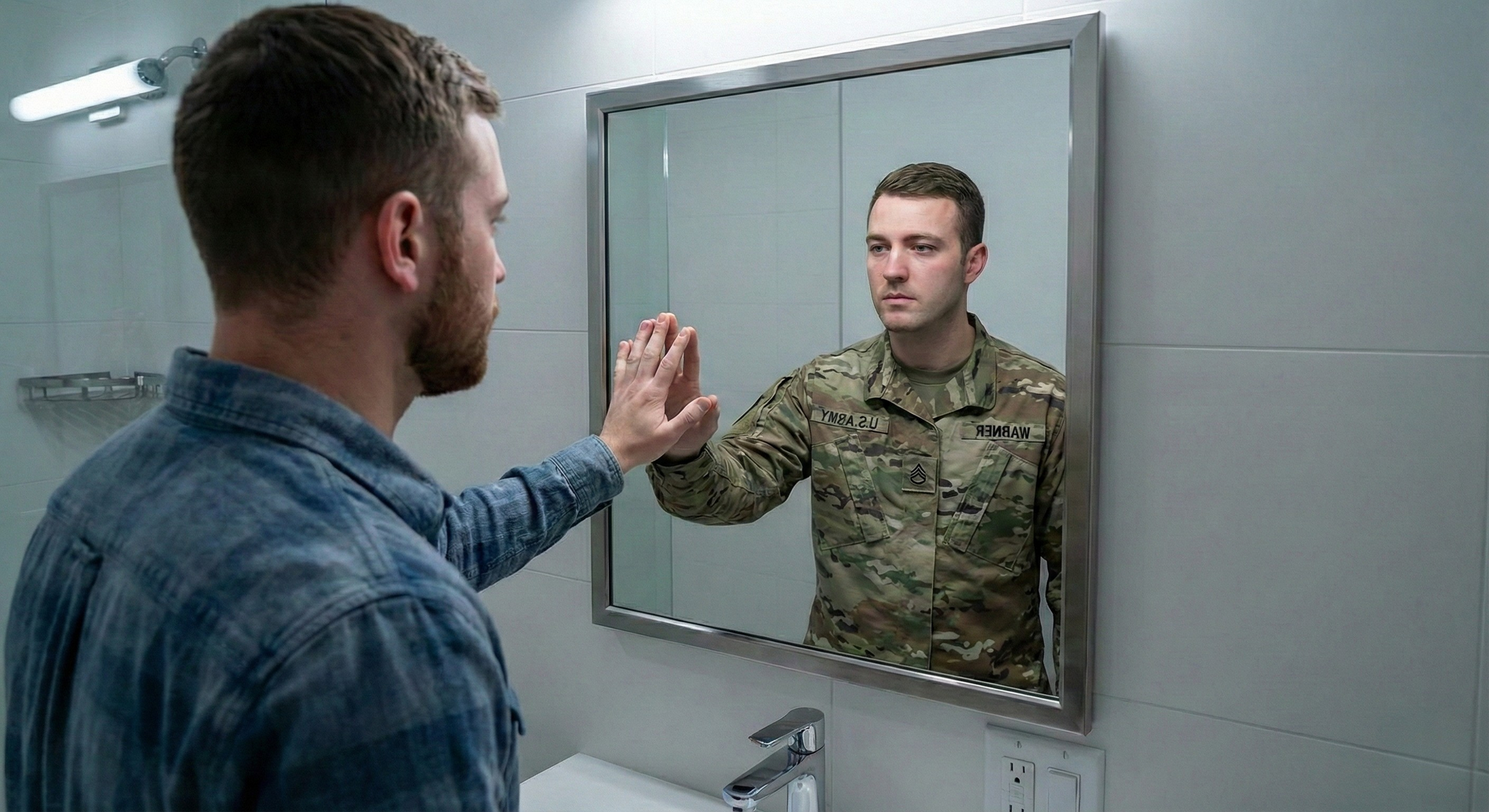 Man in civilian clothes faces his reflection in a bathroom mirror, wearing military camouflage.