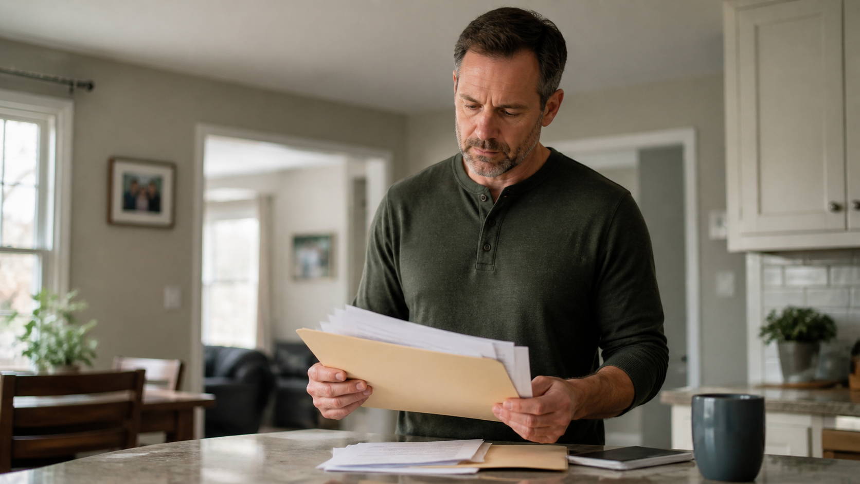 Man reviewing paperwork at a kitchen counter, holding a folder with a focused expression.