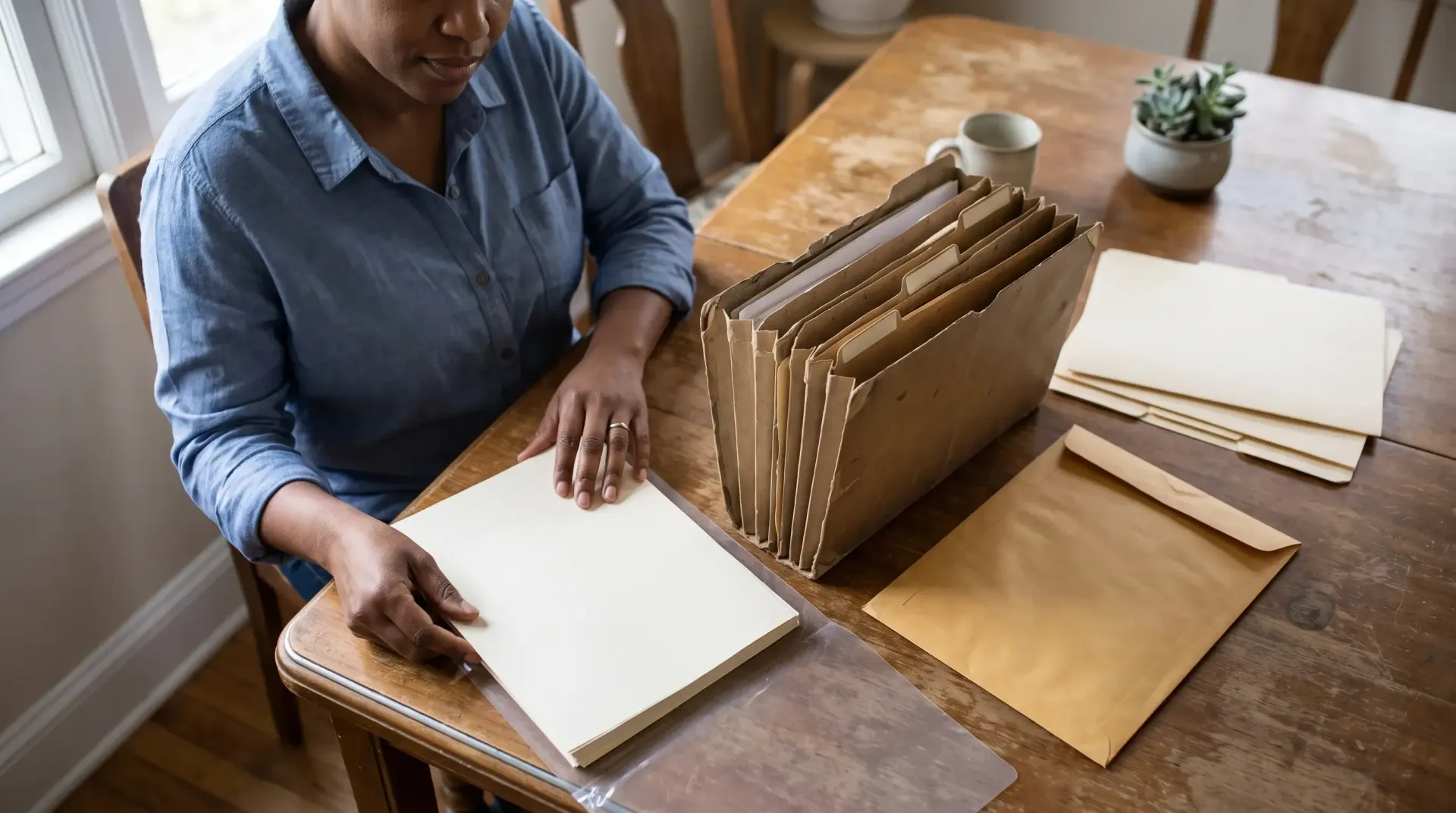 Person sorting blank cardstock into a brown file organizer on a wooden table.