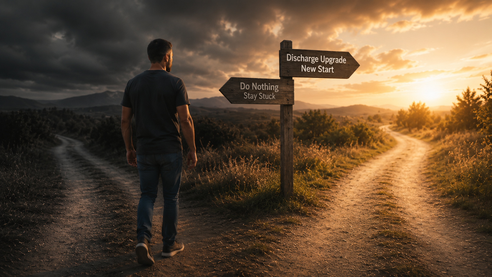 A person stands at a forked dirt path under a sunset sky, beside signposts pointing different directions.