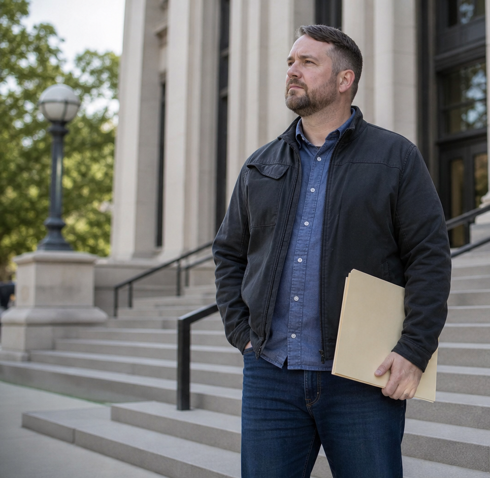 Man standing on courthouse steps holding a folder, wearing a dark jacket and looking off to the side.