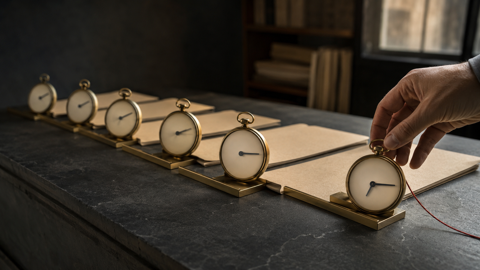 Hand placing a small alarm clock among several identical clocks on a table with paper strips