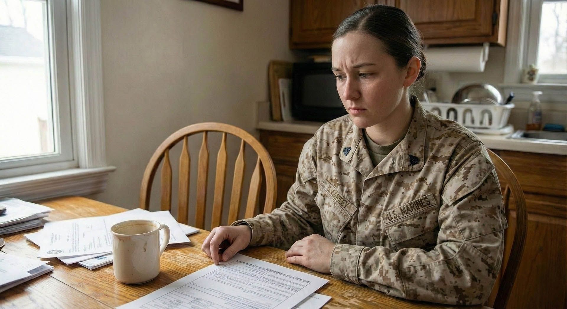 Person in military uniform reviewing papers at a kitchen table with a coffee mug.