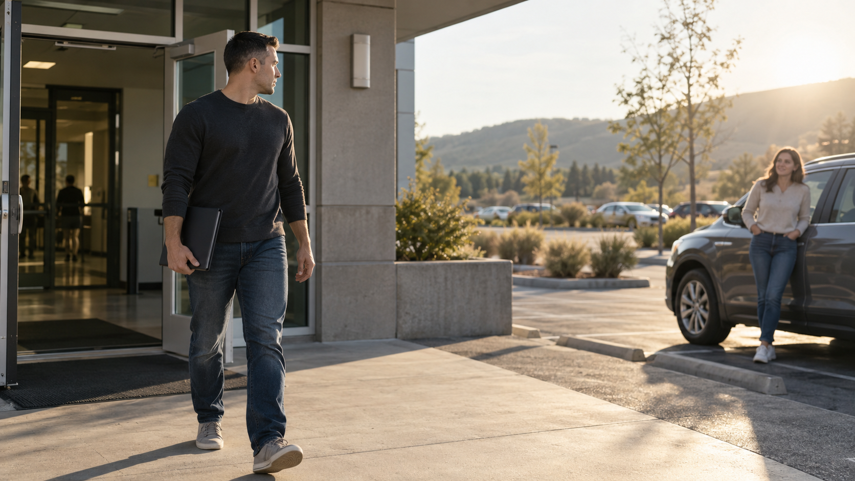 Man walking out of a building toward a parked car with a woman leaning on it in a sunny lot