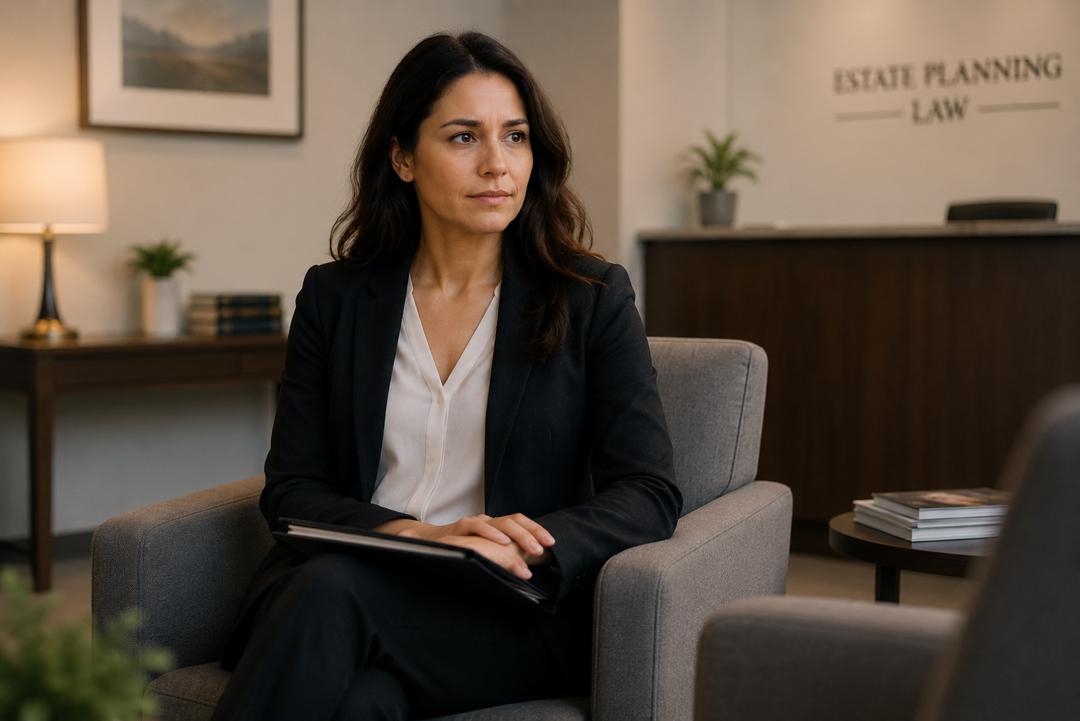 Woman seated in a law office holding a folder, with “Estate Planning Law” sign in the background