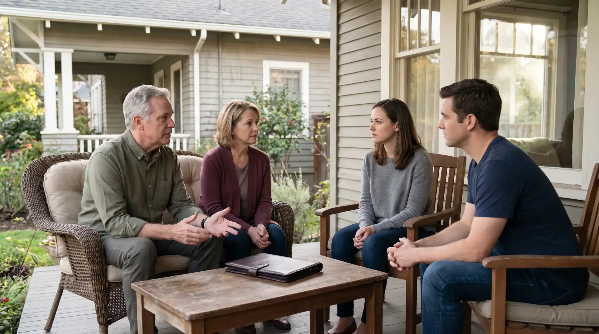 Four people sit talking on a patio around a coffee table in a covered outdoor seating area.