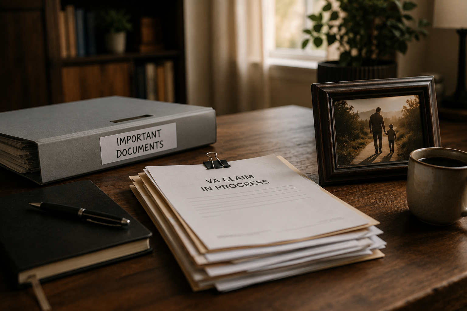 Desk with a stack of papers, labeled document box, framed photo, and coffee mug by a window