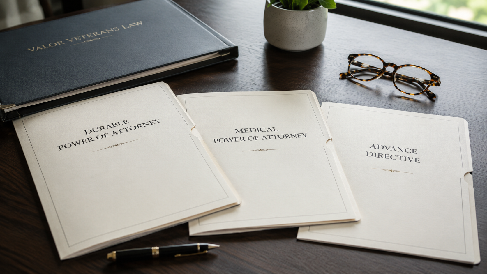 Three open white notebooks on a dark desk with a pen, glasses, and a small potted plant