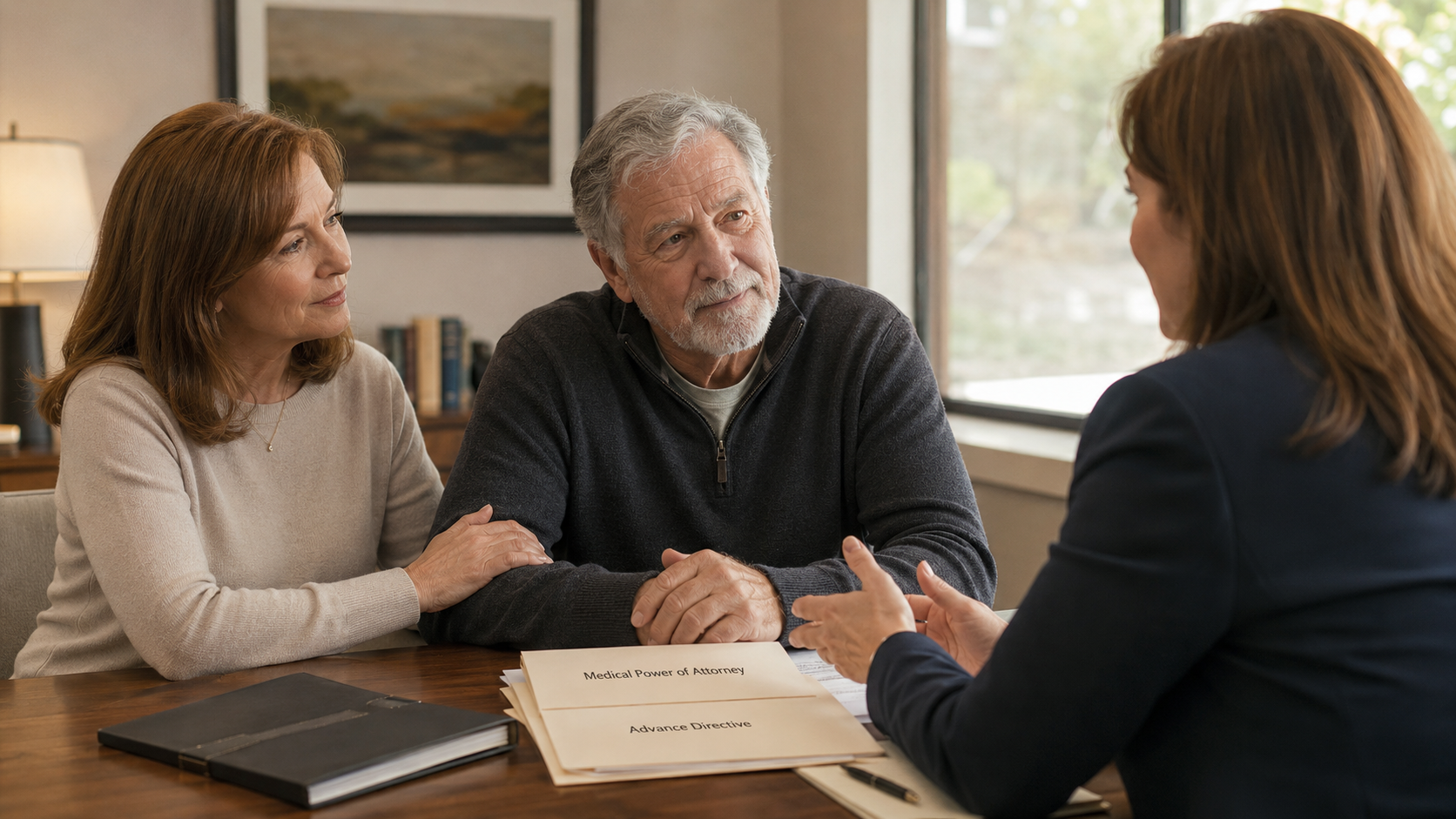 Three people discussing documents at a table in a bright office, with a notebook and papers visible.