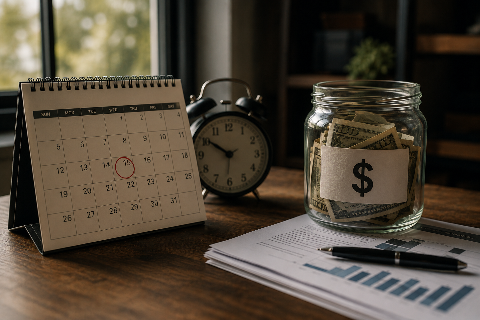 Desk with calendar, alarm clock, money jar, and financial papers with a pen.
