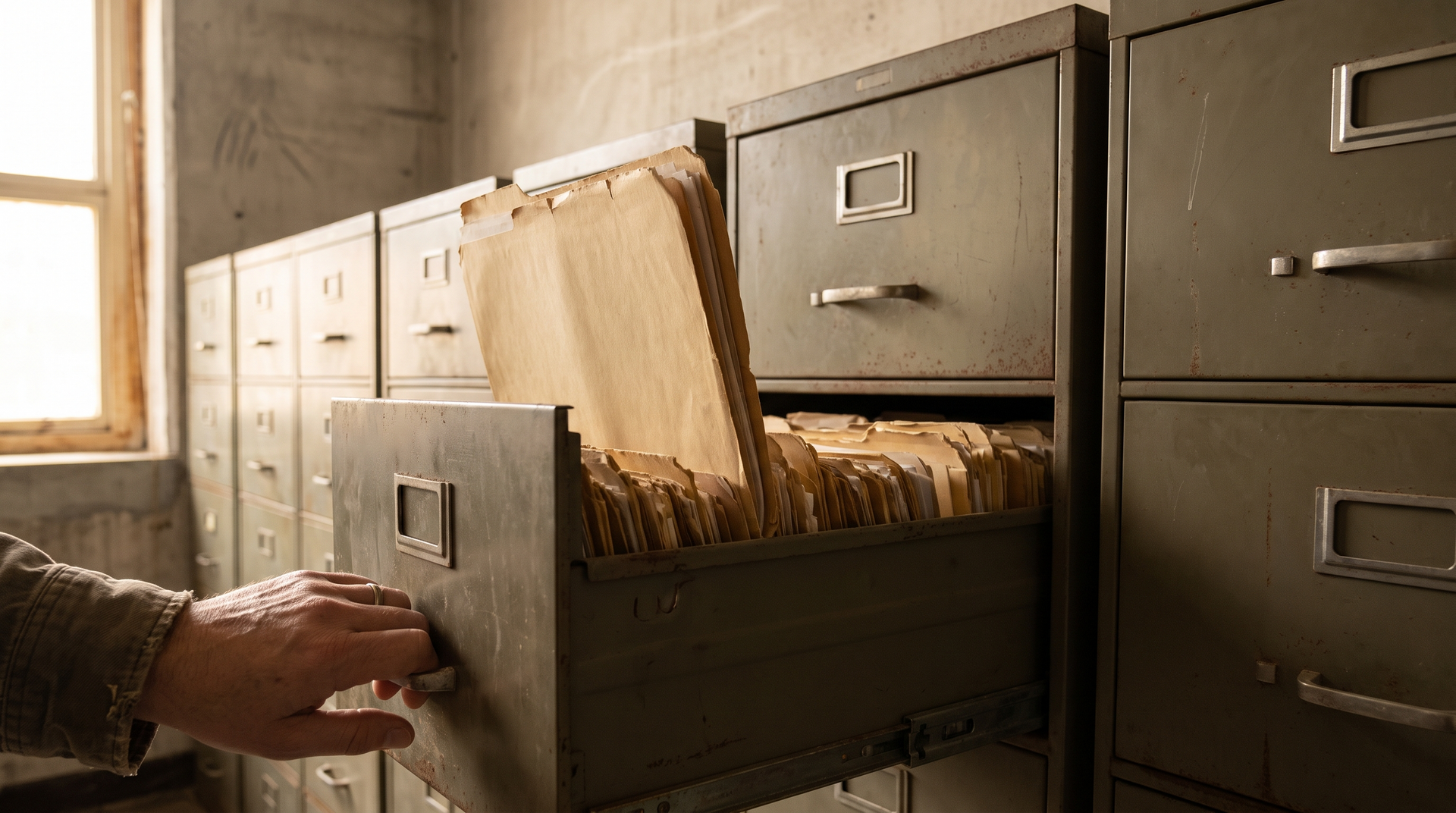 Hand placing a file into an open filing cabinet in a sunlit office room