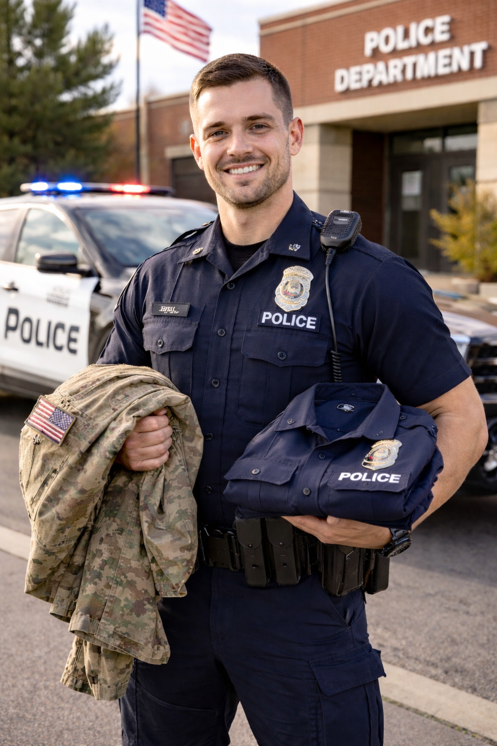 Smiling police officer outside station, holding folded camouflage gear and navy uniform items beside patrol car.