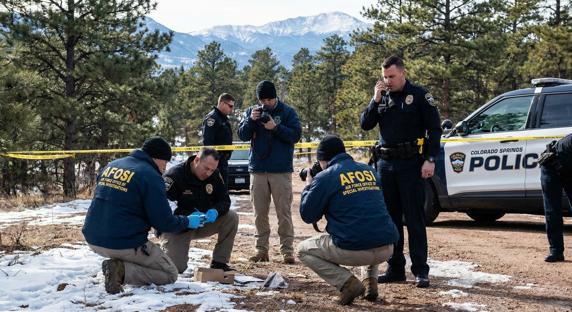 Police officers and investigators working near a police SUV in a snowy mountain area