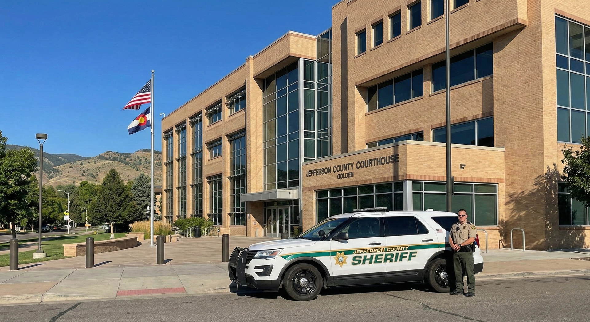 Sheriff SUV and deputy parked outside a brick civic building with flags flying