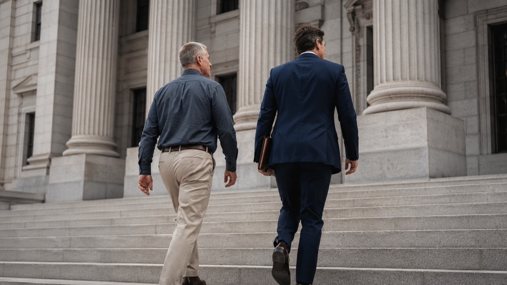 Two men walking up stone steps toward a grand columned building