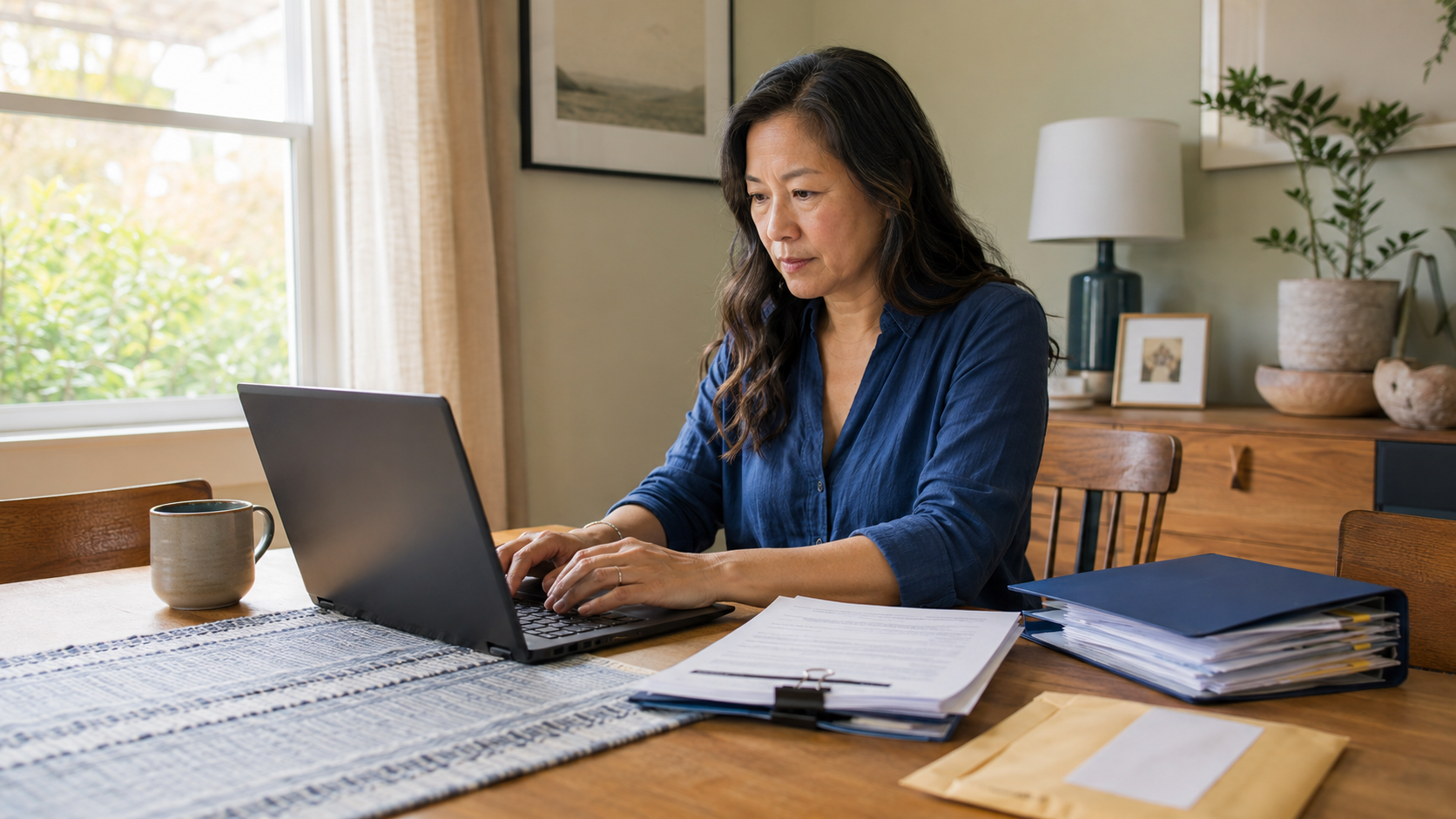 Woman working on a laptop at a dining table with papers and a mug in a sunlit home office