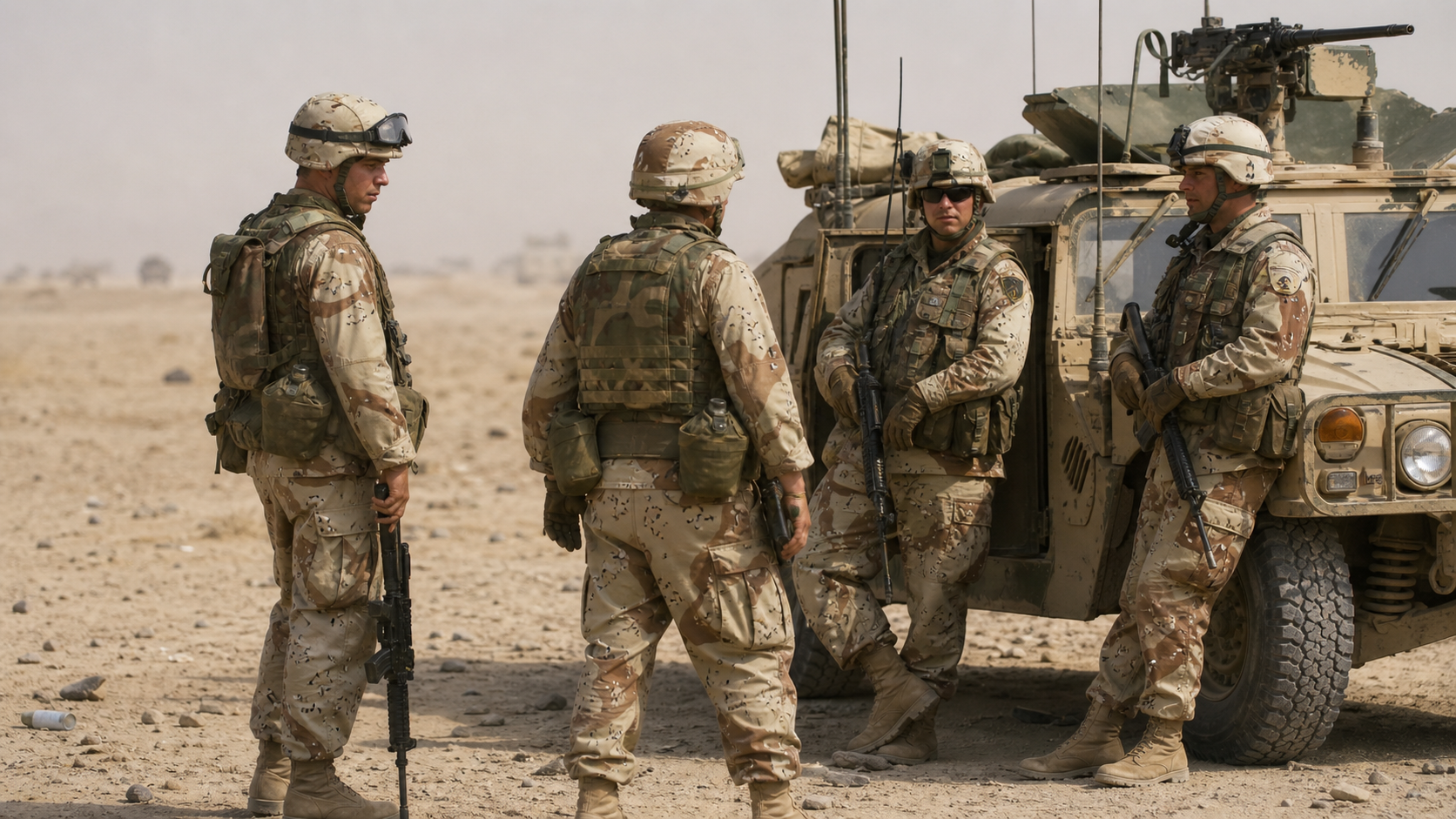 Soldiers in camouflage stand beside a military vehicle in a dusty desert setting.