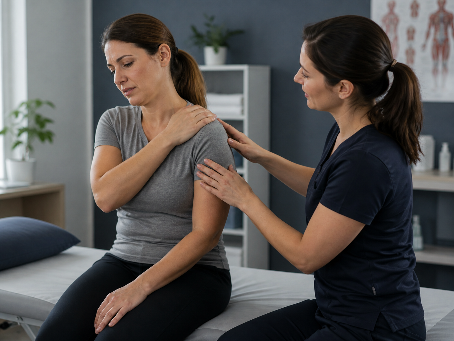 Physical therapist helping a patient stretch her shoulder on an exam table in a clinic