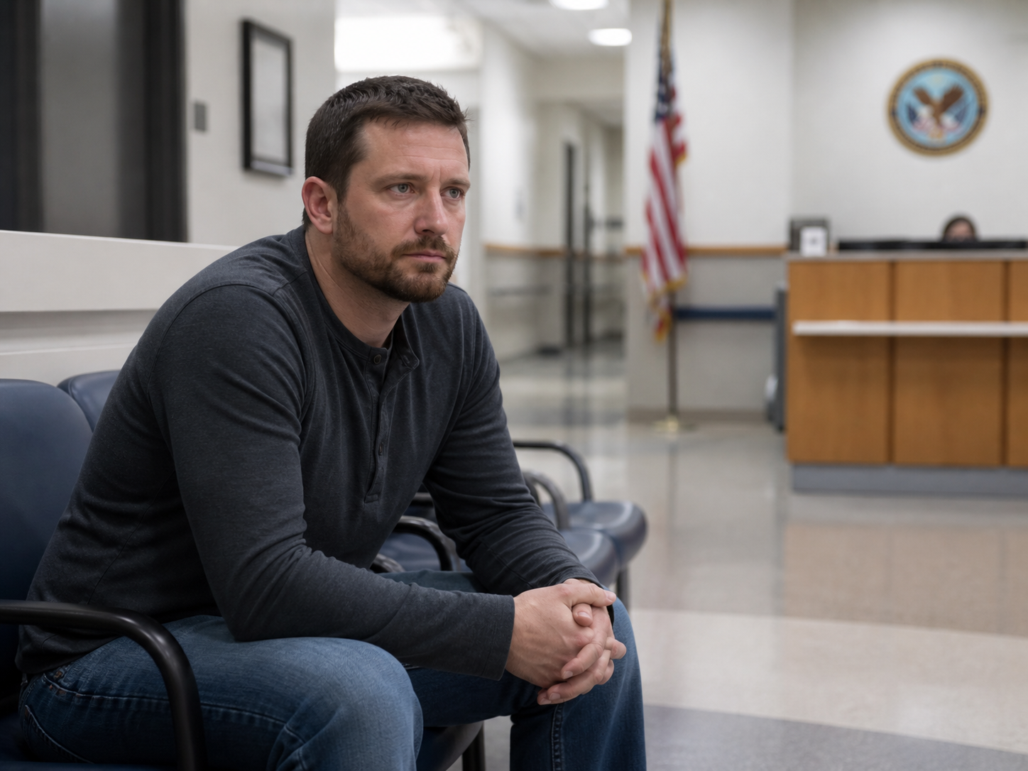 Man sitting in a courthouse lobby, leaning forward on a blue chair with an attentive expression.