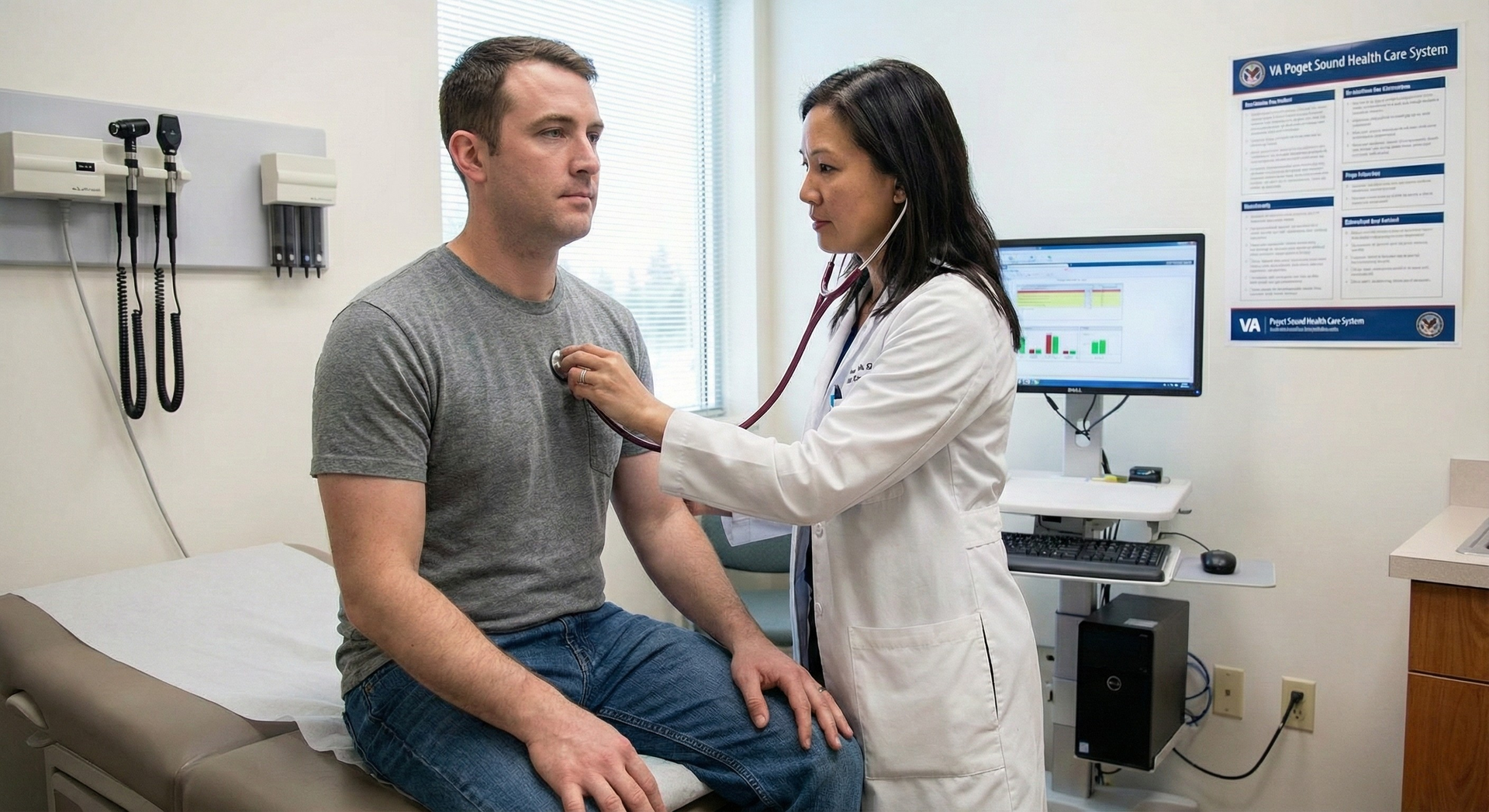 Doctor examining a seated patient in a clinic exam room