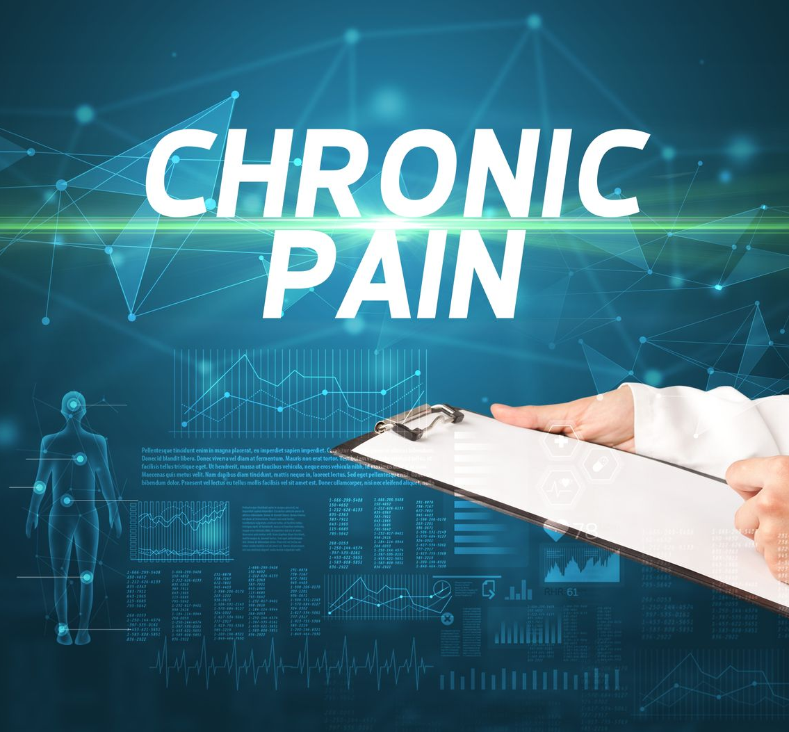 “Chronic Pain” text over blue medical graphics with a hand holding a clipboard and bandaged arm