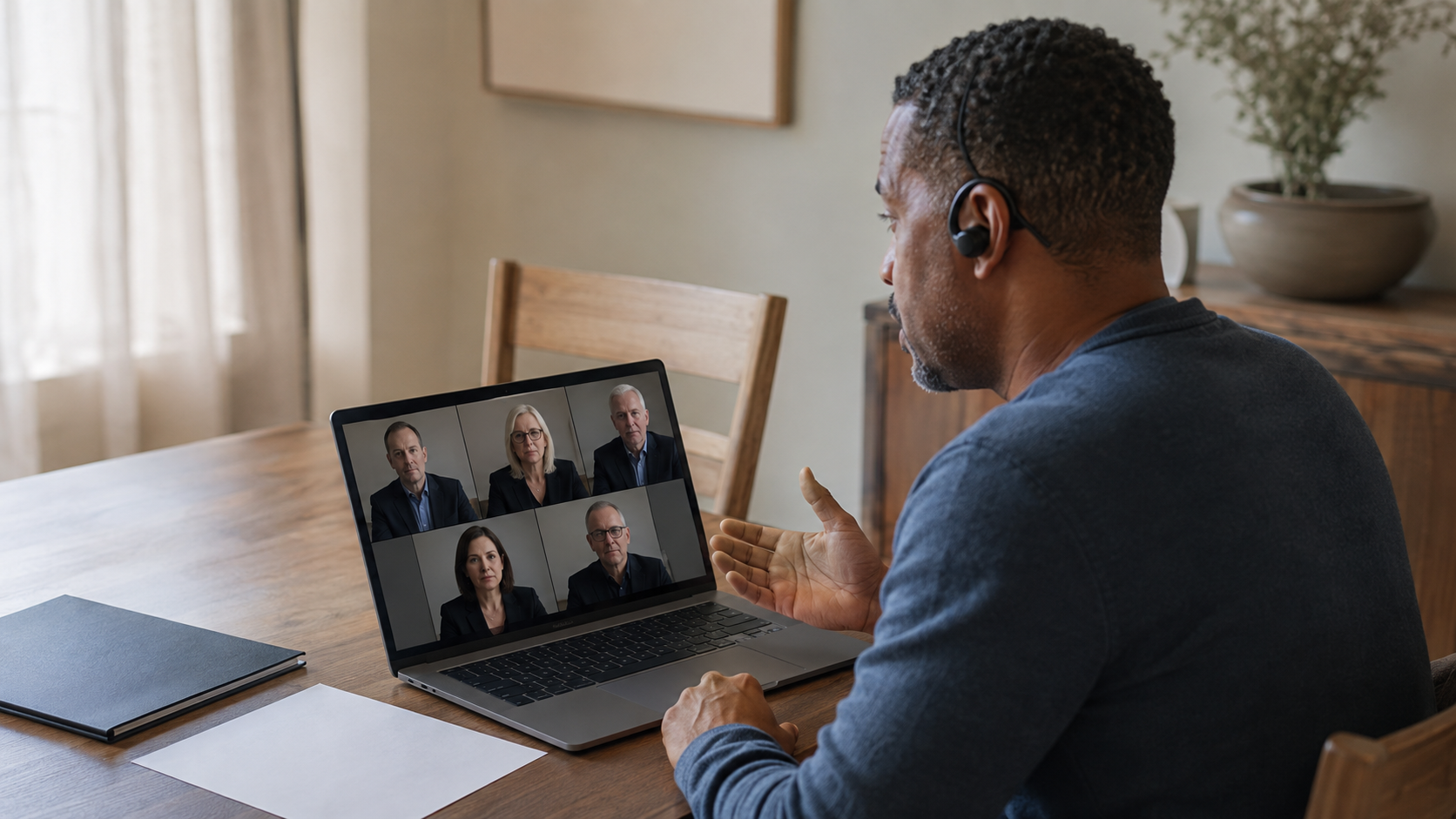 Person video conferencing on a laptop at a desk in a bright home office