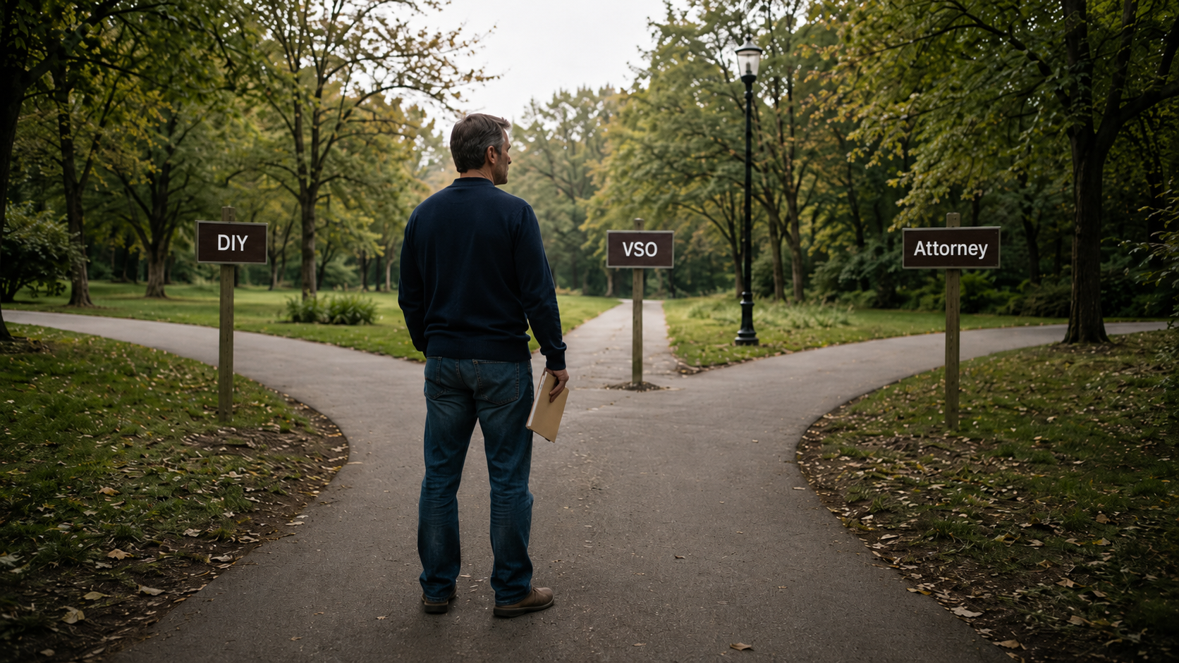 Person standing at a three-way path fork in a wooded park, facing signs labeled DIY, VD, and Astronomy