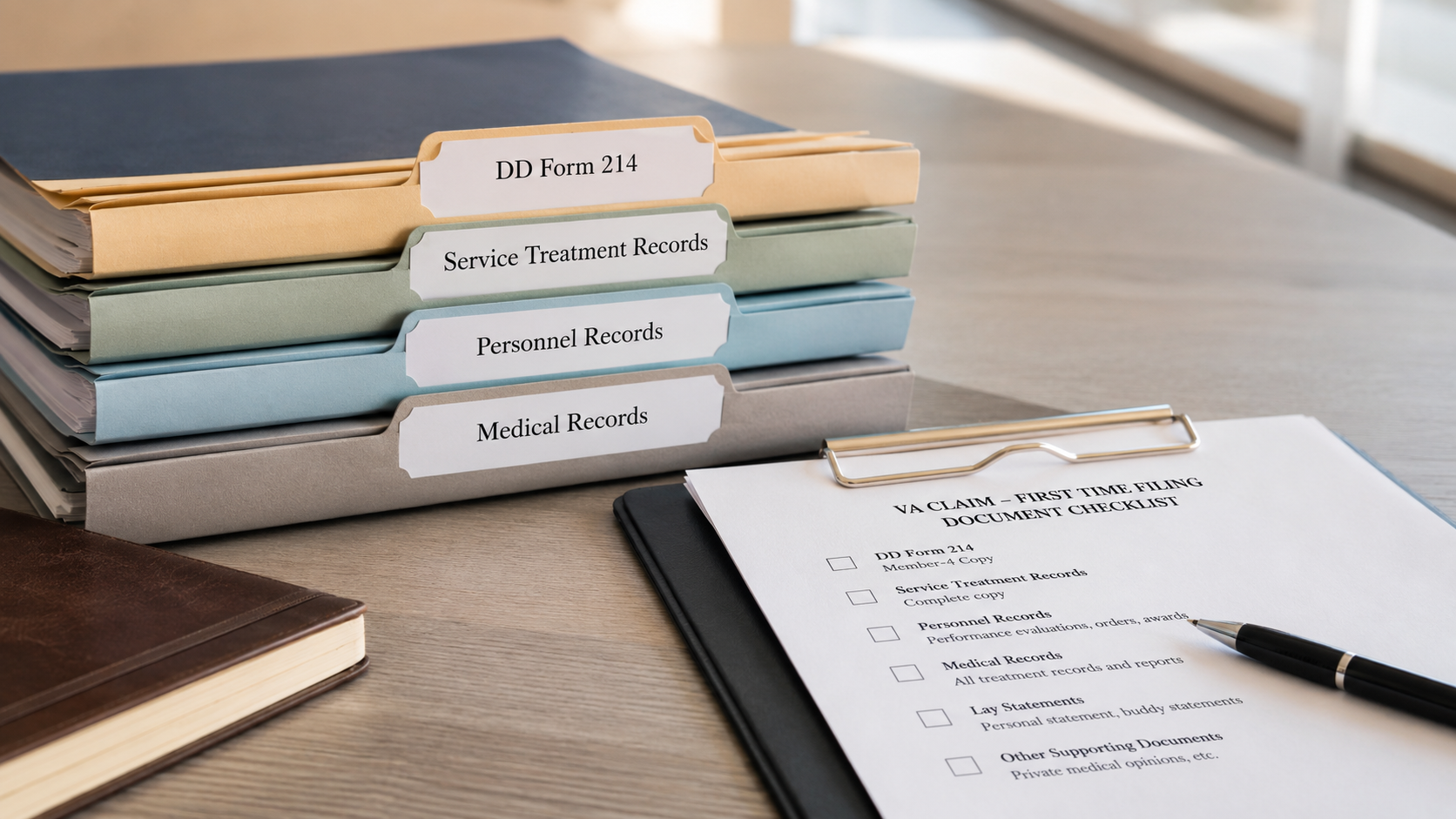 Stacked labeled books beside a clipboard checklist and pen on a desk
