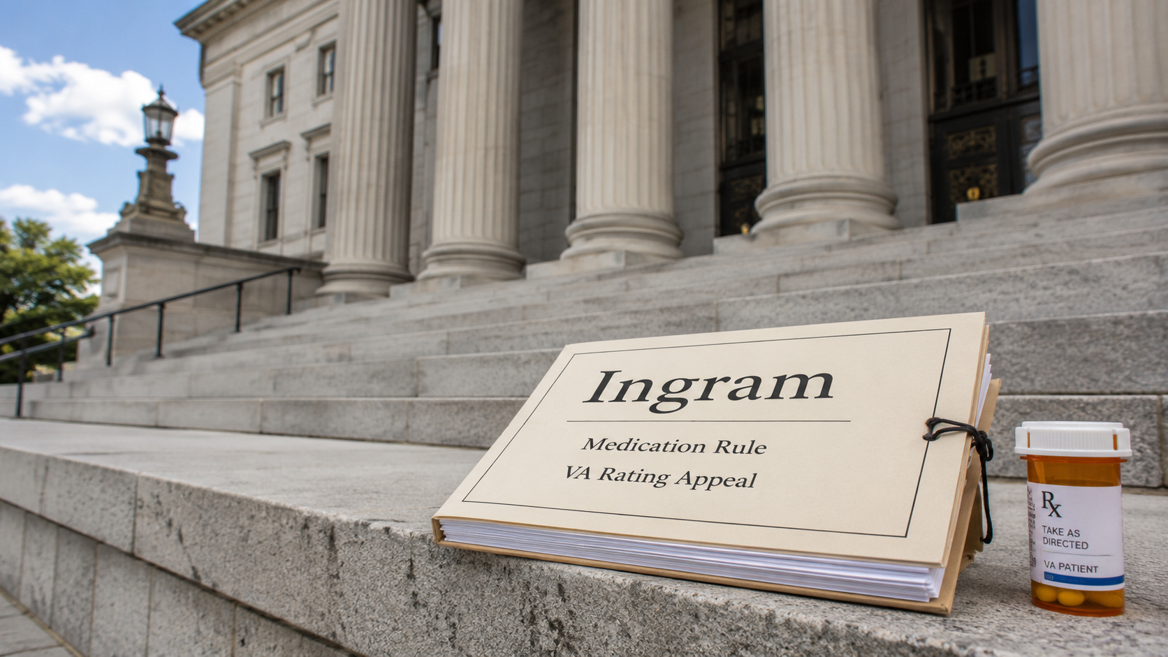 Cardboard sign reading “Ingram” on courthouse steps beside a takeaway coffee cup.