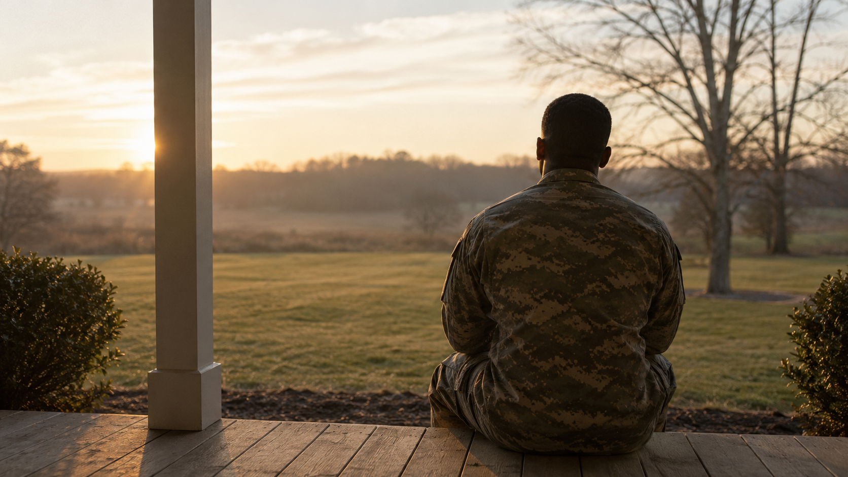 Man in civilian clothes faces his reflection in a bathroom mirror, wearing military camouflage.